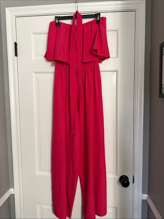 Impressions Pants - Impressions Off-Shoulder Hot Pink Jumpsuit with Waist Tie